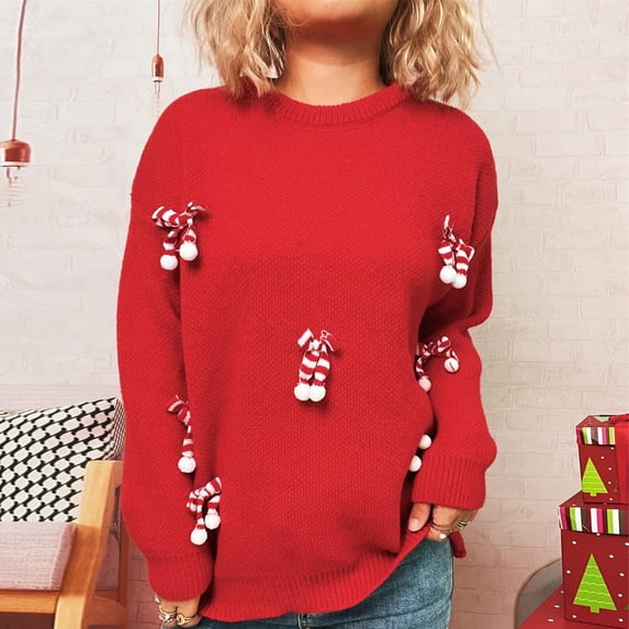 EchfiProm Sweaters for Women Christmas Pullover Holiday Work Red Long Sleeve Adults Tops Crewneck
