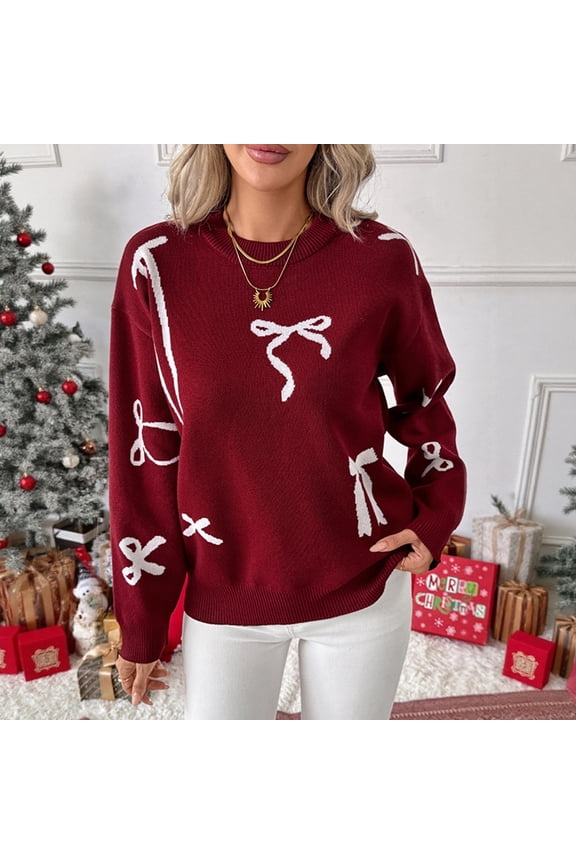Sweaters for Women Fair Isle Winter Pullover Red Crewneck Valentine's Day Work Long Sleeve Womens Tops Bow