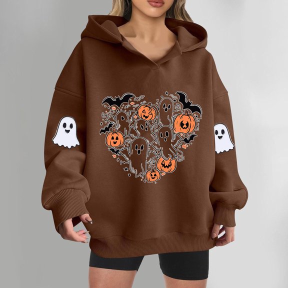 EchfiProm Sweatshirt for Womens Heavyweight Hooded Oversized Ghost Print Pullover Fall Long Sleeve Ladies Tops Brown S