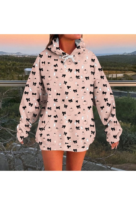 Sweatshirt for Womens with Pocket Pink Oversized Hooded Pumpkin Print Pullover Soft Ladies Tops XL