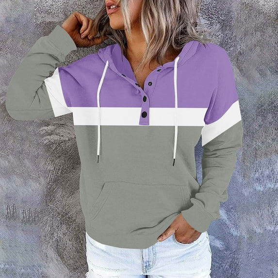 EchfiProm Sweatshirt for Womens with Pockets Gray Hoodies Cute Long Sleeve Button Colorblock Pullover Ladies Tops Hooded