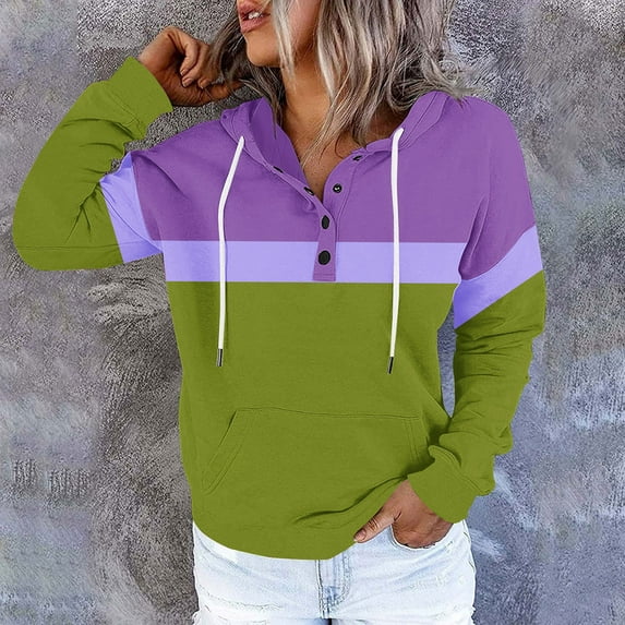 EchfiProm Sweatshirt for Womens with Pockets Pullover Fall Hoodies Green Colorblock Button Hooded Ladies Tops