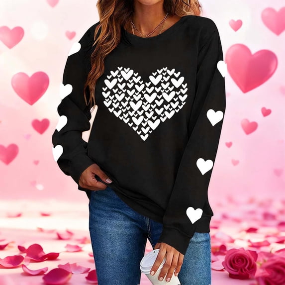 EchfiProm Sweatshirts for Women Festive Graphic Valentine Pullover Long Sleeve Heart Crewneck Adults Tops