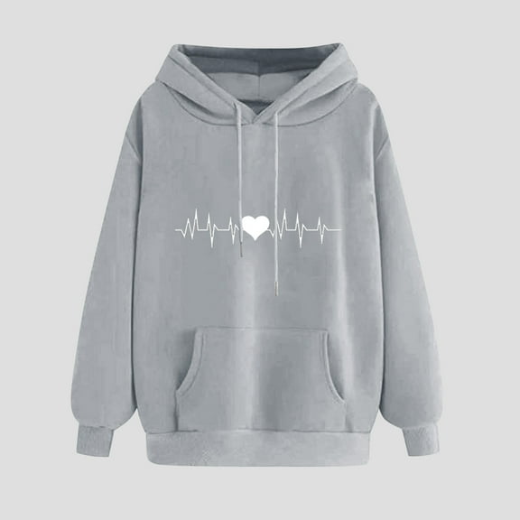 EchfiProm Sweatshirts for Women Heart Gray Hooded Crew Neck Casual Hoodie Soft Long Sleeve Sweatshirt M