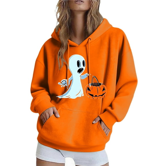 EchfiProm Sweatshirts for Womens Hooded Oversized with Pocket Ghost Print Orange Trendy Ladies Tops Long Sleeve 2XL