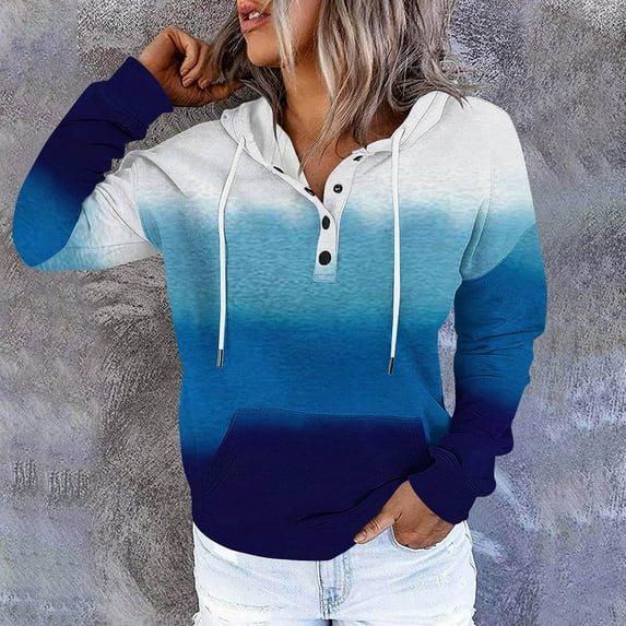 EchfiProm Sweatshirts for Womens Pullover Blue Hoodies with Pockets Soft Hooded Button Long Sleeve Ladies Tops