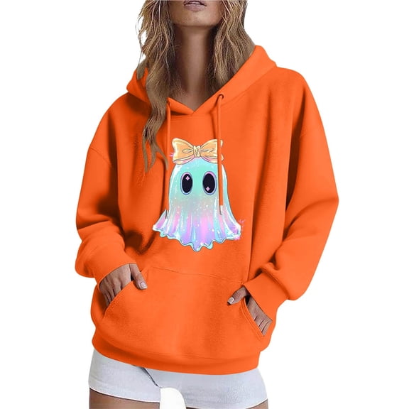 EchfiProm Sweatshirts for Womens with Pocket Orange Oversized Hooded Long Sleeve Ghost Print Fall Ladies Tops 3XL
