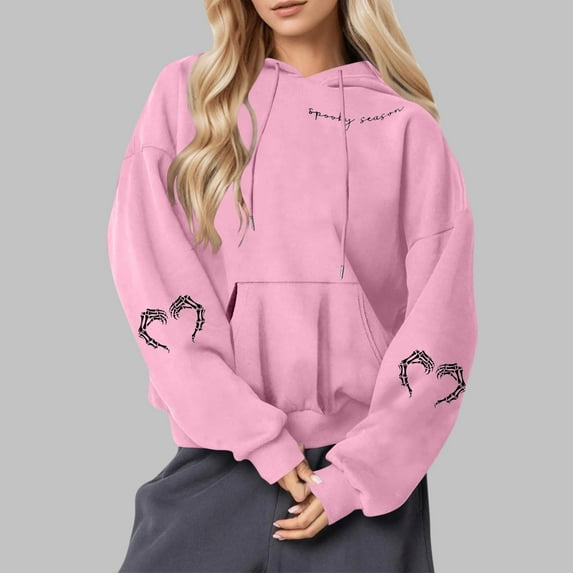 EchfiProm Sweatshirts for Womens with Pocket Pink Hooded Drop Shoulder Graphic Pullover Long Sleeve Ladies Tops Casual S