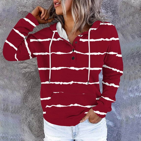 EchfiProm Sweatshirts for Womens with Pockets Hoodies Striped Button Hooded Cute Pullover Red Long Sleeve Ladies Tops
