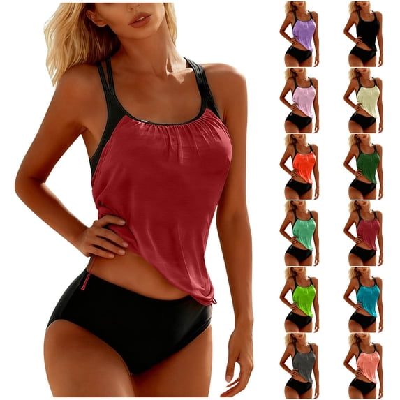 EchfiProm Swimsuits for Women High Cut Swimwear Tankini High Waisted Two Piece Red Young Womens Bathing Suits Summer
