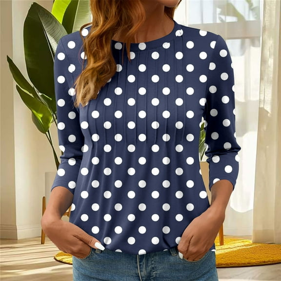EchfiProm T Shirts for Women 3/4 Sleeve Blue Pullover Polka Dot Relaxed Fit Y2k Crew Neck Blouse