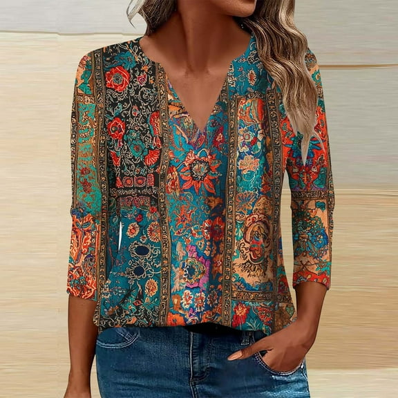 EchfiProm T-Shirts for Women 3/4 Sleeve Brown Vintage Pullover V-Neck Cute Floral Loose Fit Blouse