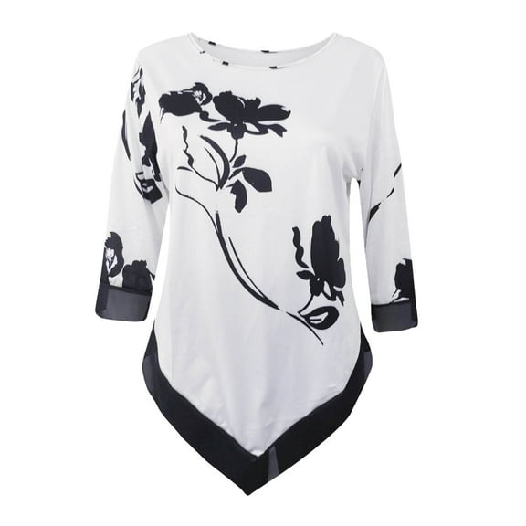 EchfiProm T Shirts for Women 3/4 Sleeve White Pullover Loose Fit Fall Irregular Hem Floral Crew Neck Tops