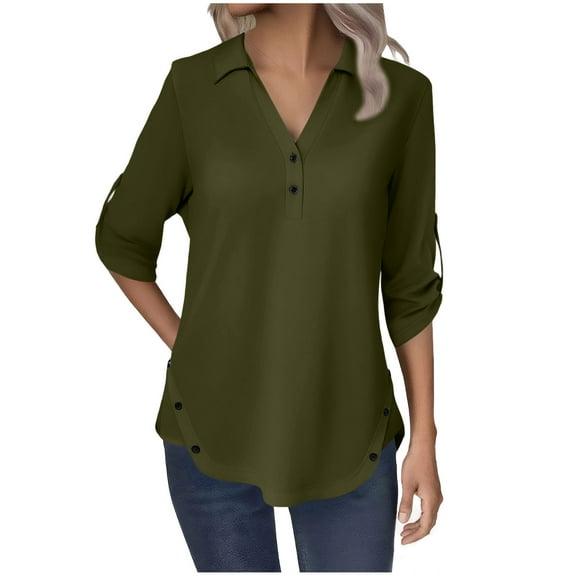EchfiProm T-Shirts for Women Lapel Green 3/4 Sleeve Tops V-Neck Fall Pullover Elegant Button down Ladies