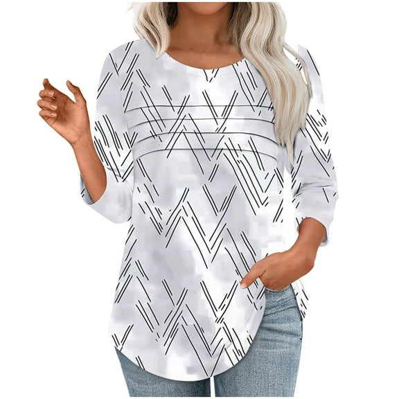 EchfiProm T-Shirts for Women Silver 3/4 Sleeve Pullover Floral Crew Neck Casual Loose Fit Blouse