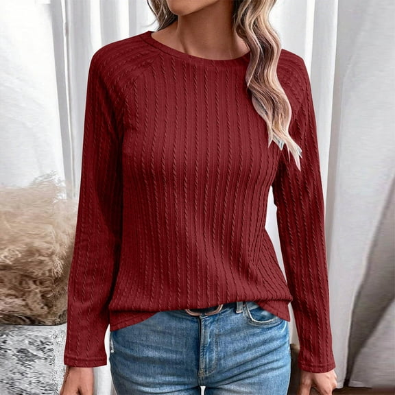EchfiProm T-Shirts for Women Trendy Basic Tops Wine Long Sleeve Pullover Crew Neck Plain Relaxed Fit Womens