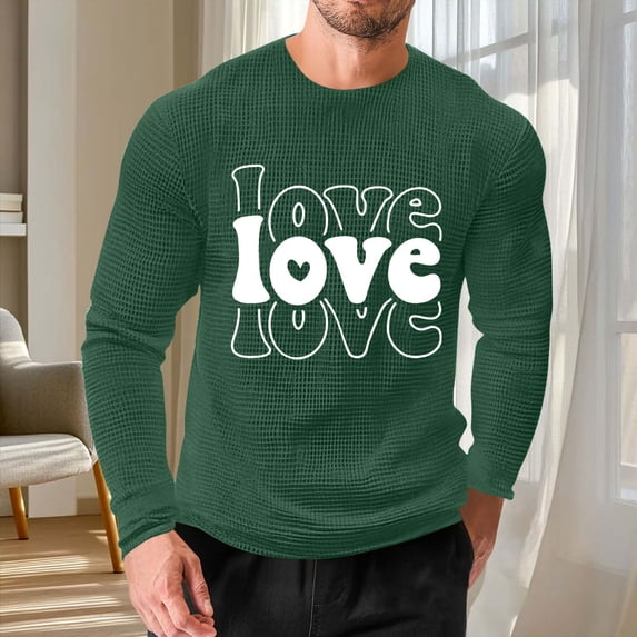 EchfiProm T shirts for Men Army Green Long Sleeve Shirts Love Graphic Crewneck Waffle Adults Tops S