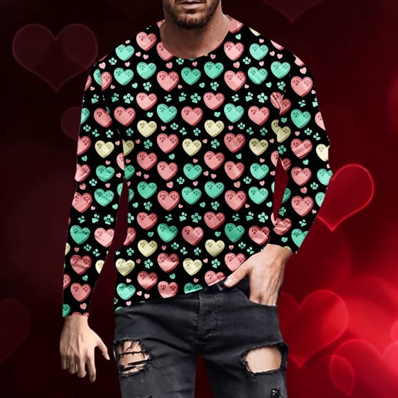 EchfiProm T shirts for Men Long Sleeve Beige Shirts Valentine Graphic Heart Crewneck Adults Tops 4XL