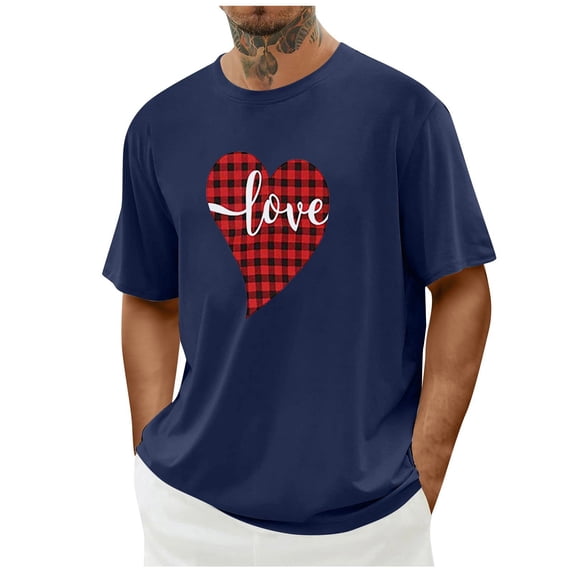 EchfiProm T shirts for Men Short Sleeve Valentine Shirts Love Heart Basic Graphic Navy Big and Tall Mens Tops S