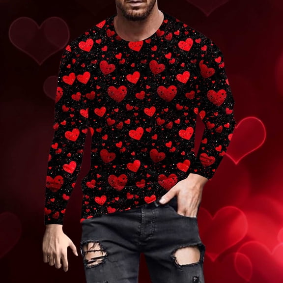 EchfiProm T shirts for Men Valentine Shirts Long Sleeve Red Casual Heart Adults Tops Graphic 5XL