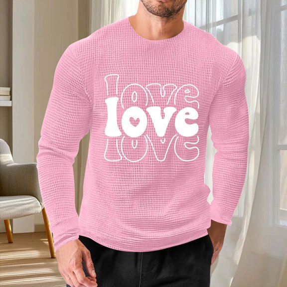 EchfiProm T shirts for Men Valentine Waffle Shirts Crewneck Graphic Long Sleeve Pink Big and Tall Mens Tops S