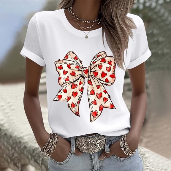 EchfiProm T shirts for Women Bow Print Valentine Valentine Day Graphic Tee Basic White Adults Shirts Cute