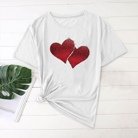 EchfiProm T shirts for Women Valentine Graphic Tee Love Heart White Valentine Day Short Sleeve Casual Cute Adults Shirts