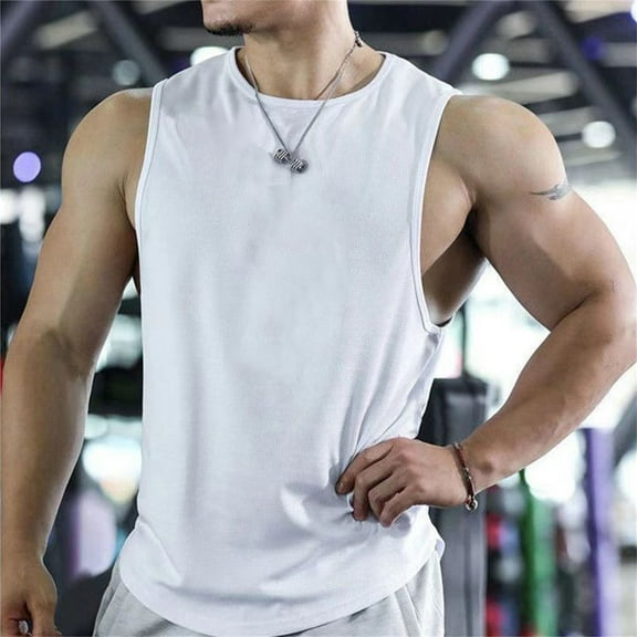 EchfiProm Tank Tops for Men Muscle Shirts White Workout Fitness Training Sleeveless Moisture Wicking Gym Big and Tall Mens T Shirts L