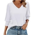 thumbnail image 1 of EchfiProm Tee Shirts Womens 3/4 Sleeve V-Neck White Pullover Relaxed Fit Solid Trendy Puff Sleeve Shirts, 1 of 5