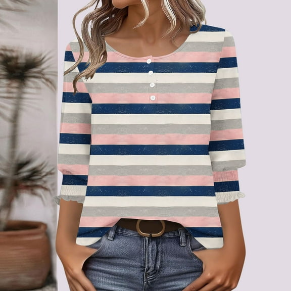 EchfiProm Tee Shirts Womens Purple Striped 3/4 Sleeve Pullover Loose Fit Y2k Crew Neck Blouse