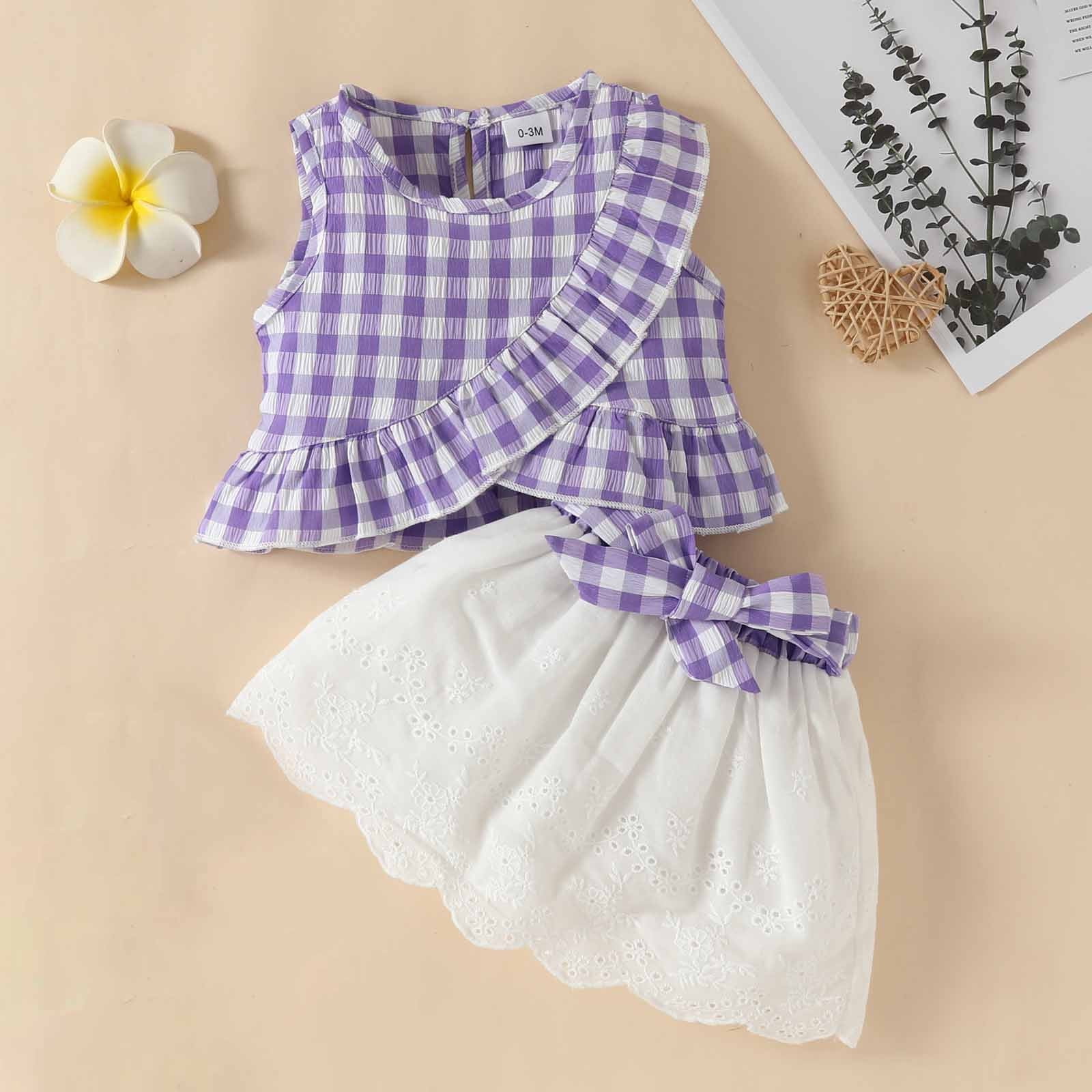 EchfiProm Toddler Kids Dresses Girls Little Girls Purple Plaid Bow Sleeveless Top and Half Skirt