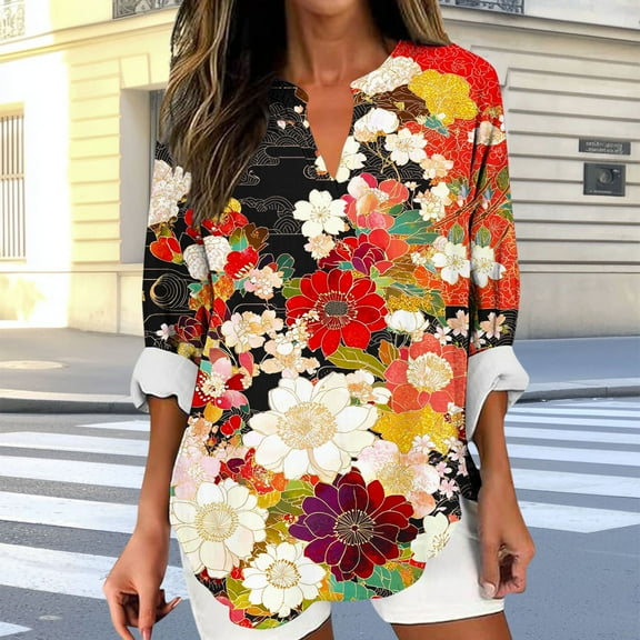 EchfiProm Tops Women Black Summer V Neck Comfort Long Sleeve Cotton Linen Loose Floral Shirts