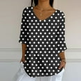 thumbnail image 1 of EchfiProm Tops Women Boho Cotton Linen Black Fanshion V Neck Short Sleeve Loose Polka Dot Blouse, 1 of 5