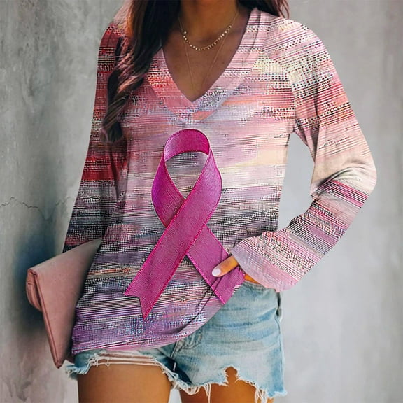 EchfiProm Tops Women Pink Graphic Trendy Comfy V Neck Long Sleeve Loose T Shirts