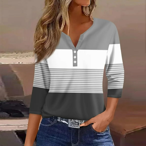 EchfiProm Tops Womens Cute V Neck Gray Comfy Colorblock Short Sleeve Button Relaxed Fit T Shirts