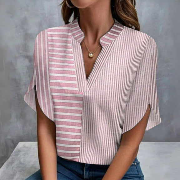 EchfiProm Tops Womens Pink Short Sleeve Cute Trendy Relaxed Fit V Neck Striped Pullover Tops