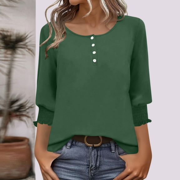 EchfiProm Tops for Women 3/4 Sleeve Crew Neck T-Shirts Winter Pullover Puff Sleeve Solid Ladies