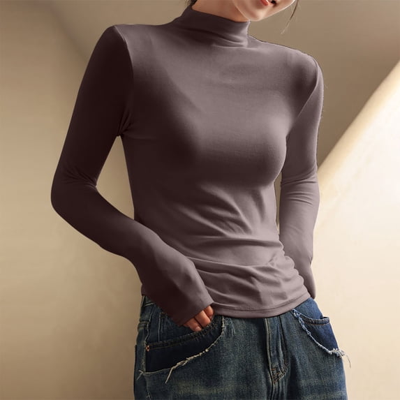 EchfiProm Tops for Women Coffee Pullover Mock Neck Plain Slim Fit Ladies Undershirts Long Sleeve