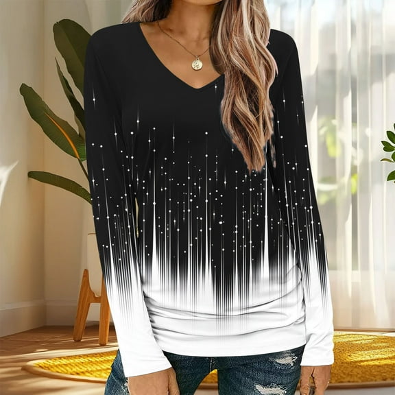 EchfiProm Tops for Women Colorblock Y2k Black Casual V Neck Long Sleeve Relaxed Fit T Shirts