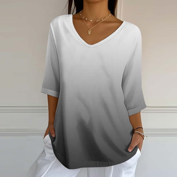 EchfiProm Tops for Women Cotton Linen Gray Elegant Comfort V Neck Classic Fit Short Sleeve Gradient Blouse