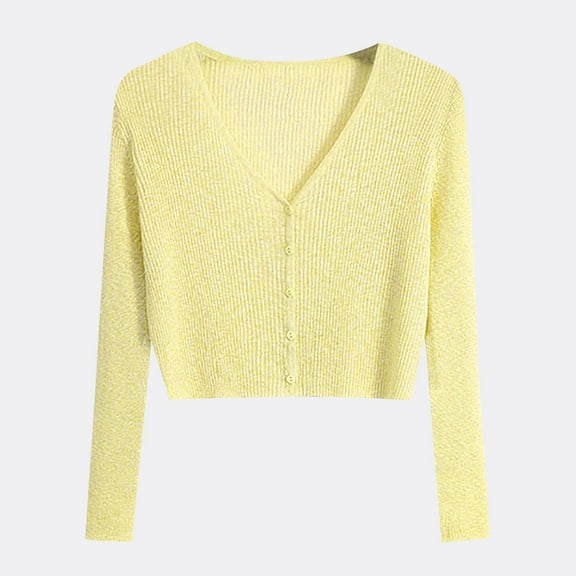 EchfiProm Tops for Women Fall Ribbed V-Neck Yellow Relaxed Fit Long Sleeve Solid Womens Cardigan