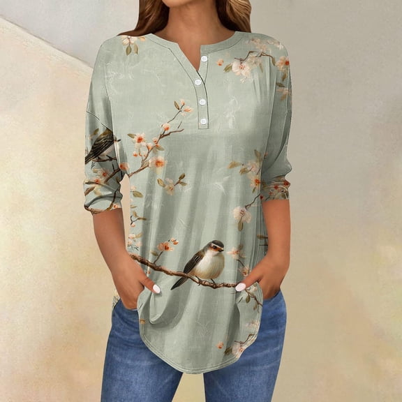EchfiProm Tops for Women Graphic Green Elegant New Arrivals V Neck 3/4 Sleeve Button Relaxed Fit Tunic Blouse