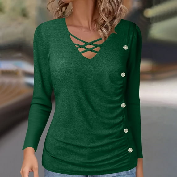 EchfiProm Tops for Women Green Plus Size Long Sleeve Casual Solid V-Neck Relaxed Fit Ladies T-Shirt