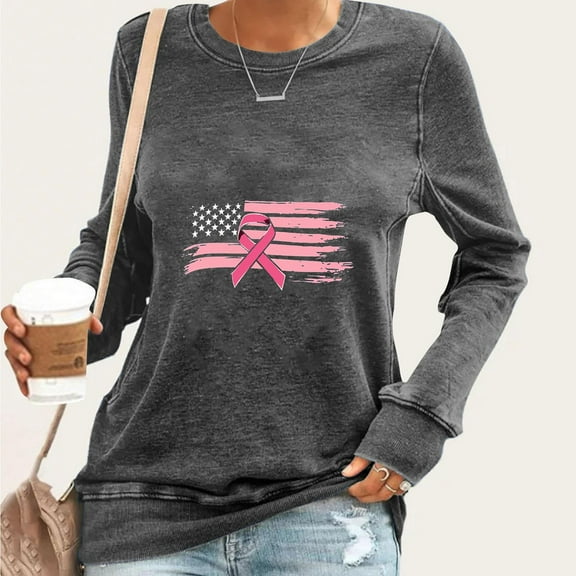 EchfiProm Tops for Women Long Sleeve Gray Pullover Fall Breast Cancer Crew Neck Womens T-Shirt