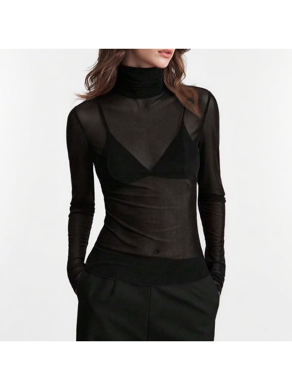 Tops for Women Mesh Pullover Black Slim Fit Mock Neck Long Sleeve Trendy Ladies Undershirts