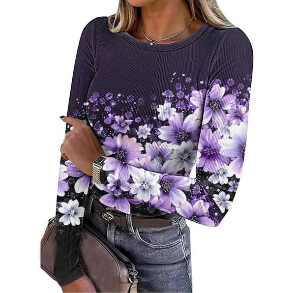 EchfiProm Tops for Women Purple Ribbed Pullover Casual Crew Neck Floral Slim Fit Ladies Shirts Long Sleeve