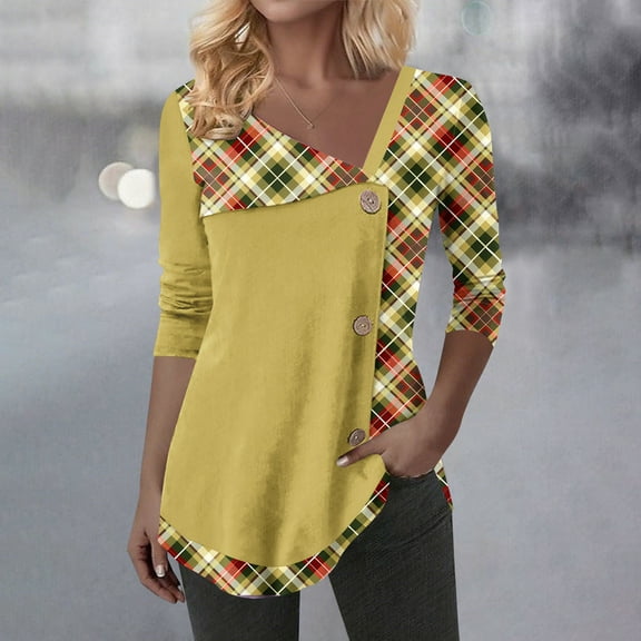EchfiProm Tops for Women Relaxed Fit Square Neck Yellow Long Sleeve Plaid Ladies Shirt