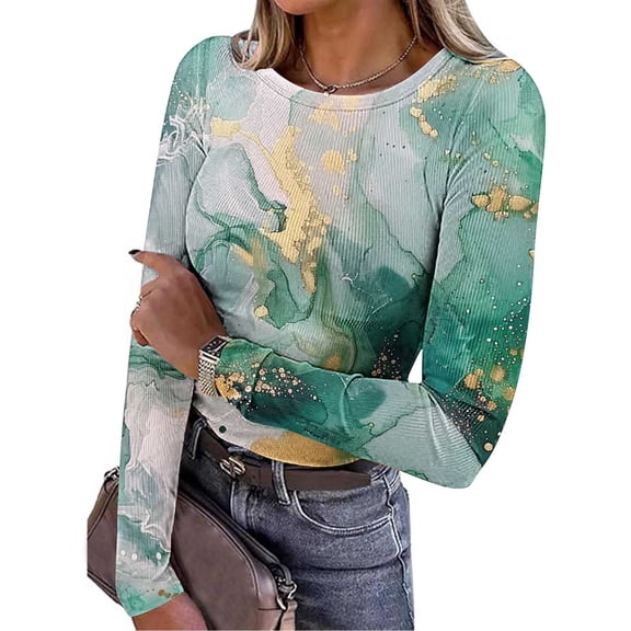 EchfiProm Tops for Women Slim Casual Gold Ribbed Graphic Crew Neck Womens T-Shirt