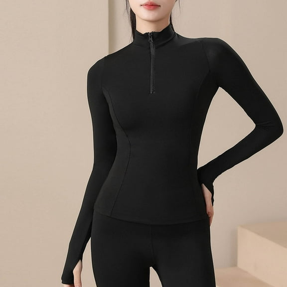 EchfiProm Tops for Women Sports Yoga Slim Fit Pullover Plain Black Y2k Zip Mock Neck Womens Undershirts Long Sleeve