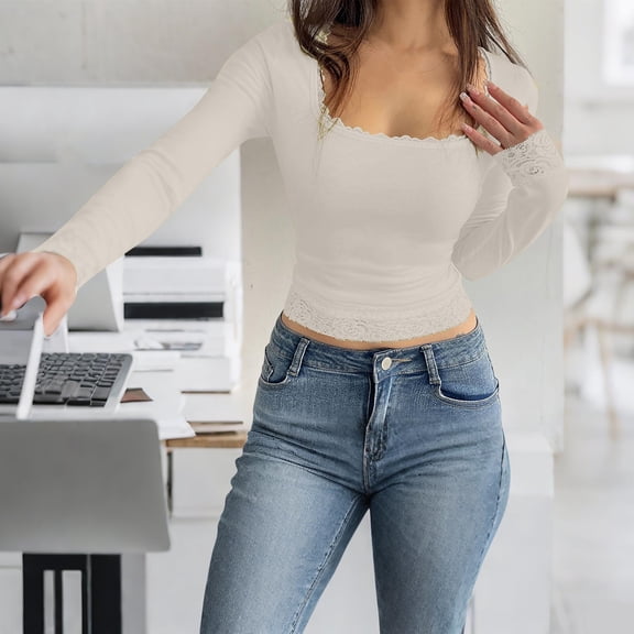 EchfiProm Tops for Women White Fall Pullover Long Sleeve Square Neck Slim Fit Solid Ladies Undershirts